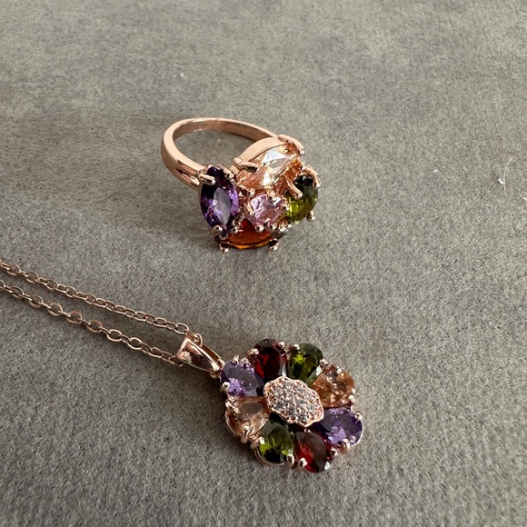 Multicolor Pendant in Plated Rose Gold Necklace & Ring Set - Picture 3 of 11